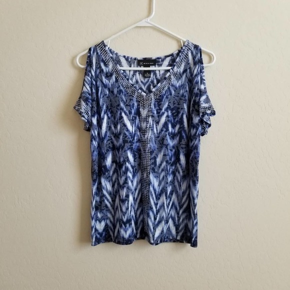INC Blue Rhinestone Cold Shoulder Top M - Picture 1 of 5